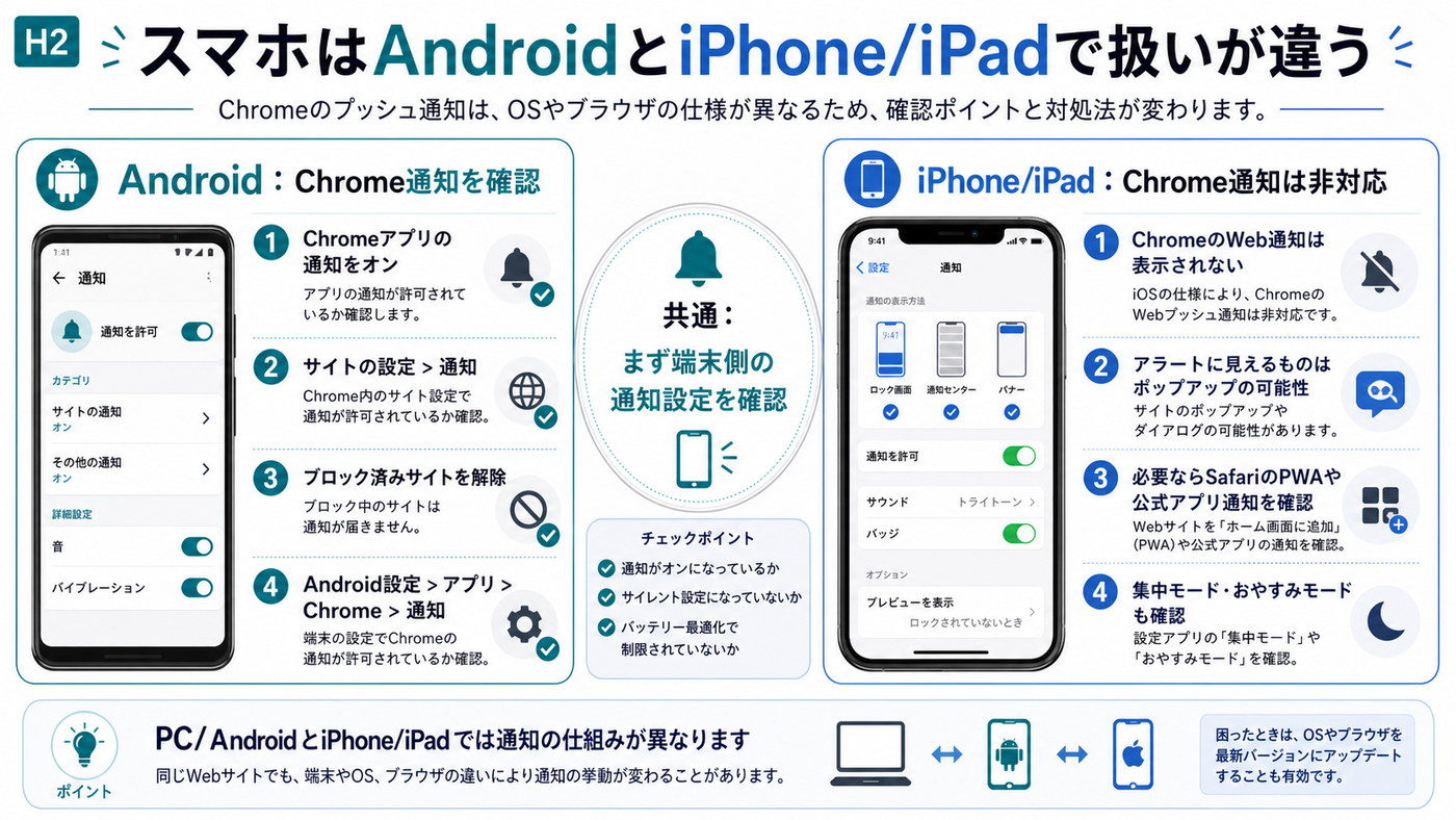 AndroidとiPhone/iPadでChrome通知の扱いが異なることを示した図解