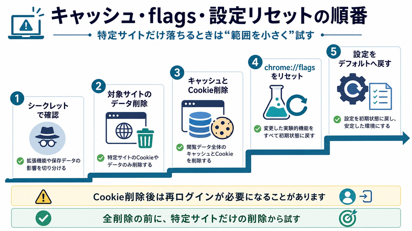 Chromeのキャッシュ削除・flags・設定リセットの順番