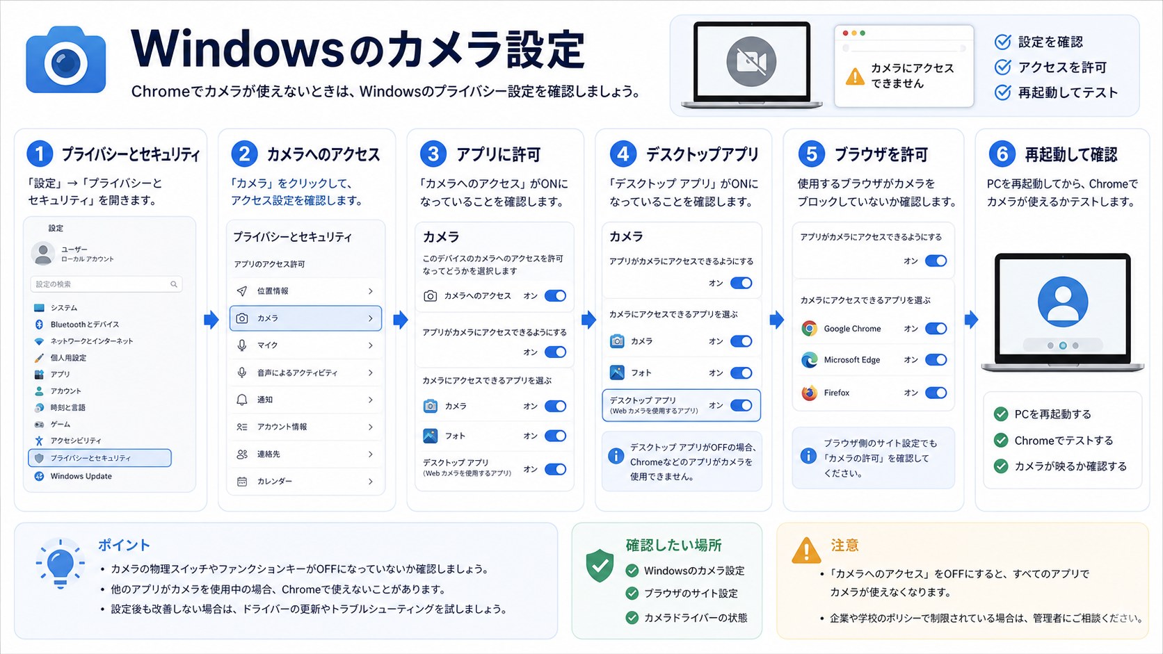 Windowsのカメラプライバシー設定を確認する手順