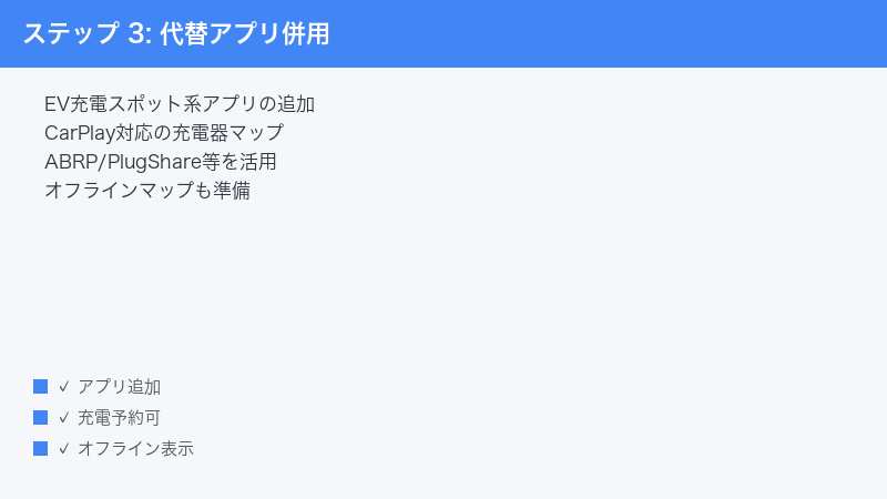 ステップ 3: 代替アプリ併用 — EV充電スポット系アプリの追加・CarPlay対応の充電器マップ・ABRP/PlugShare等を活用