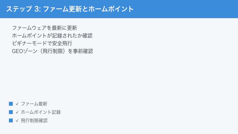 ステップ 3: ファーム更新とホームポイント — ファームウェアを最新に更新・ホームポイントが記録されたか確認・ビギナーモードで安全飛行