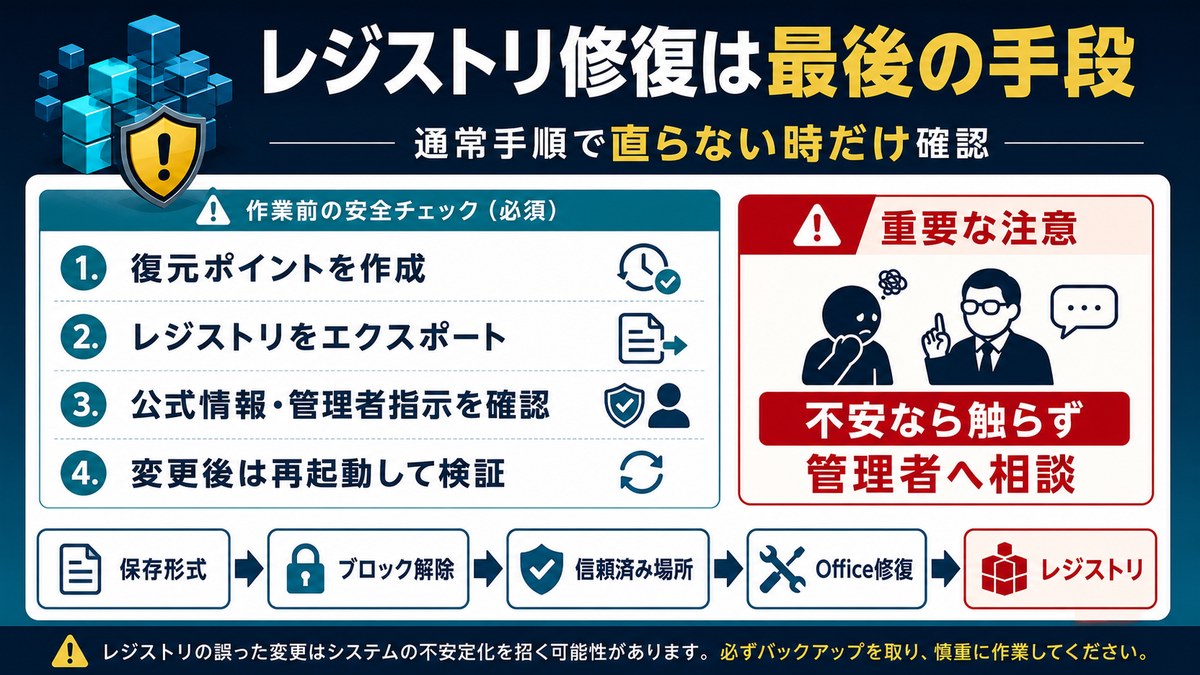 Excelマクロのレジストリ修復は復元ポイントとバックアップ後に行う最後の手段であることを示す図解