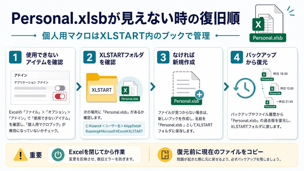 Personal.xlsbが見えない時に使用できないアイテムやXLSTARTを確認する復旧手順の図解