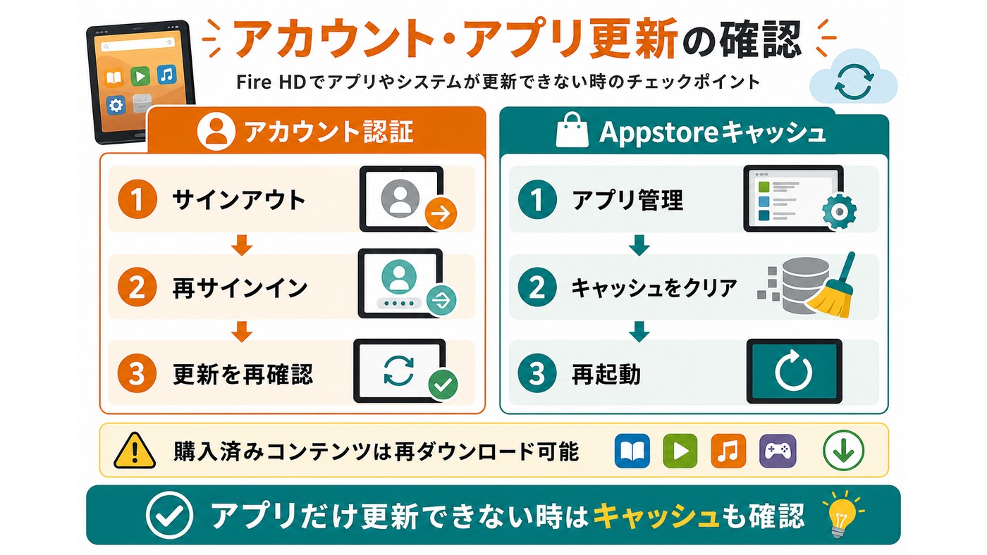 Fire HDのアカウント認証とAppstoreキャッシュ確認をまとめた図解