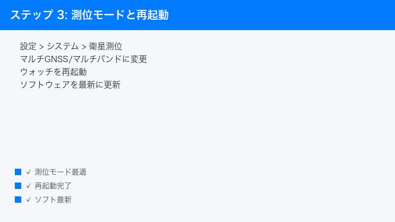 ステップ 3: 測位モードと再起動 — 設定 > システム > 衛星測位・マルチGNSS/マルチバンドに変更・ウォッチを再起動” /></p>
<h2>Step 9: Garmin Express（PC）で同期する</h2>
<p>スマートフォンでの同期がうまくいかない場合、PCのGarmin Expressを使うと確実に同期・データ更新ができます。</p>
<ol>
<li>PCに <strong>[ Garmin Express ]</strong> をインストール</li>
<li>ウォッチをUSBケーブルでPCに接続</li>
<li>Garmin Expressがデバイスを認識したら同期を実行</li>
<li>衛星予測データやソフトウェアも併せて更新される</li>
<li>同期後、アクティビティがGarmin Connectに反映されたか確認</li>
</ol>
<h2>Step 10: Wi-Fi同期を設定する（対応モデル）</h2>
<p>Wi-Fi対応モデルは、スマートフォンを経由せず直接Wi-Fi経由でクラウドに同期できます。Bluetooth同期が不安定なときの代替手段になります。</p>
<ol>
<li>ウォッチの <strong>[ 設定 ]</strong> → <strong>[ 接続 ]</strong> → <strong>[ Wi-Fi ]</strong> を開く</li>
<li>自宅のWi-Fiネットワークを登録（2.4GHz帯推奨）</li>
<li>充電中に自動でWi-Fi同期が行われる設定にする</li>
<li>手動同期も <strong>[ Wi-Fiで同期 ]</strong> から実行可能</li>
<li>同期後にアクティビティが反映されたか確認</li>
</ol>
<h2>Step 11: ウォッチとアプリのペアリングを再構築する</h2>
<p>接続情報そのものが破損している場合、一度ペアリングを解除して登録し直すと改善します。</p>
<ol>
<li>Garmin Connectアプリで対象ウォッチを <strong>[ デバイス削除 ]</strong></li>
<li>スマートフォンのBluetooth設定からもGarminのペアリングを削除</li>
<li>ウォッチ側で <strong>[ スマートフォンとペアリング ]</strong> を選択</li>
<li>アプリの画面指示に従って再ペアリング</li>
<li>再接続後、未同期のアクティビティが自動でアップロードされる</li>
</ol>
<h2>Step 12: 設定リセットとサポート問い合わせを最終手段にする</h2>
<p>Step 1〜11でも改善しない場合は、ウォッチの設定リセット、それでもダメならハードウェアの可能性を疑いサポートへ連絡します。</p>
<ol>
<li>重要な設定をメモしてからウォッチを工場出荷状態にリセット</li>
<li>初期設定後にソフトウェアと衛星予測データを最新化</li>
<li>リセット後もGPSが捕捉できないならGPSアンテナの故障の可能性</li>
<li>購入から保証期間内ならメーカー保証で点検を依頼</li>
<li>問い合わせ時はモデル名・ソフトウェアバージョンを伝えるとスムーズ</li>
</ol>
<h2>症状別対処早見表</h2>
<table style=