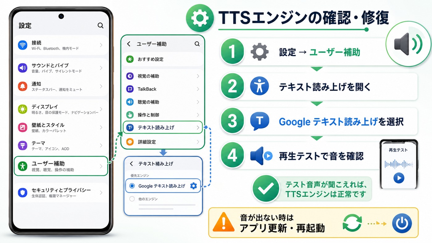 Googleマップ音声案内に使うTTSエンジンの確認と修復手順