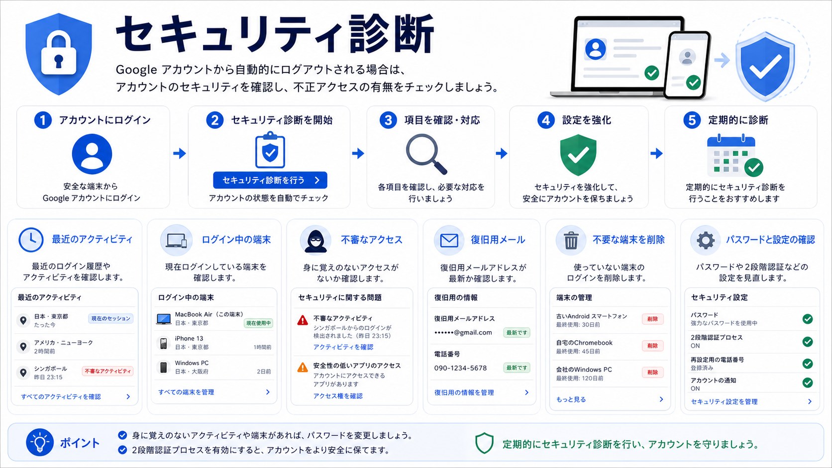 Googleアカウントのセキュリティ診断で確認する項目