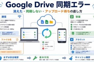 Google Driveの同期エラーを通信や容量、アカウント別に整理した図解