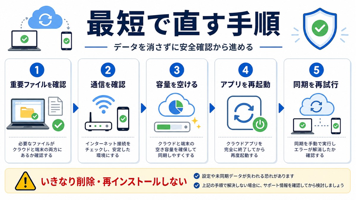 Google Drive同期エラーを安全に直す基本手順を示した図解