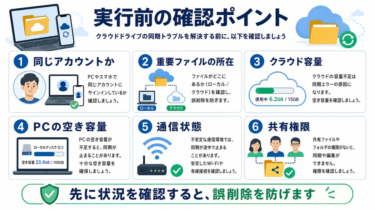 同期エラー対処前に確認したいアカウントや容量をまとめた図解