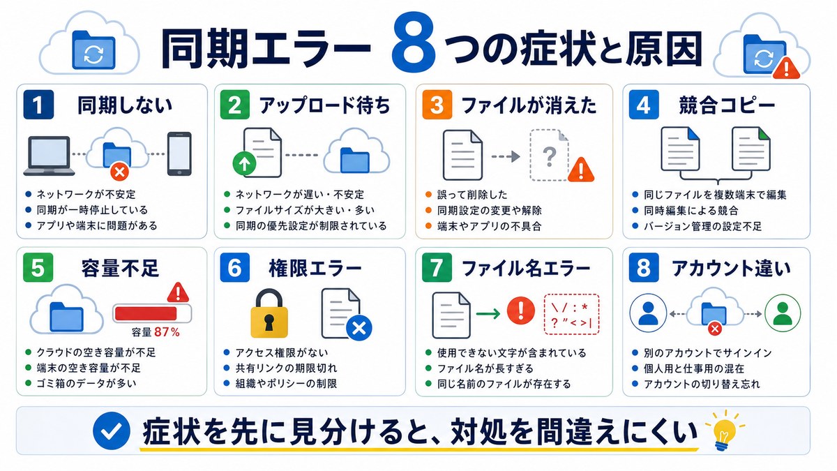 Google Drive同期エラーの主な症状と原因を8項目で整理した図解