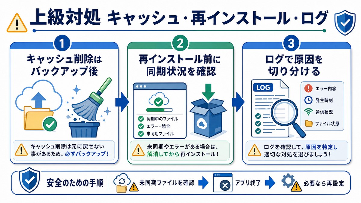 Google Driveのキャッシュ操作や再インストール前の確認をまとめた図解
