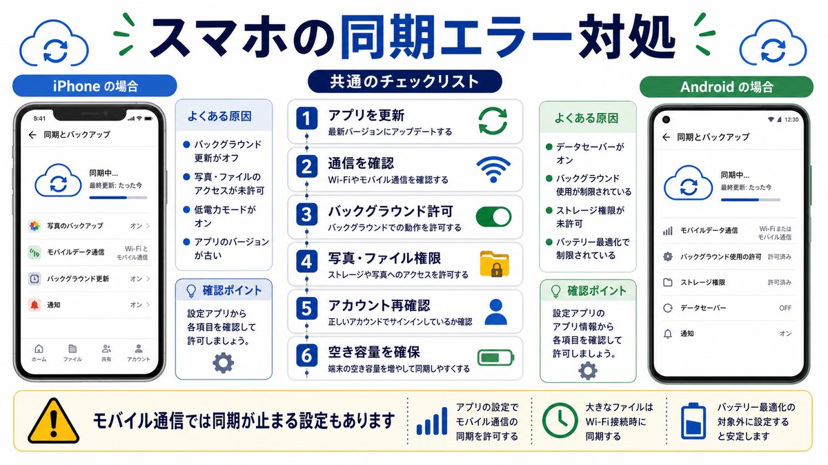 スマホ版Google Driveの同期エラー確認ポイントを整理した図解