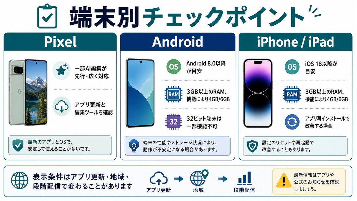 Pixel Android iPhone別の消しゴムマジック確認ポイント