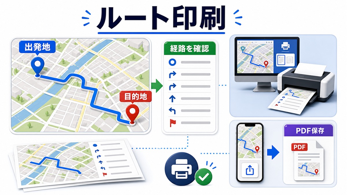 Googleマップでルート付き地図を印刷する手順の図解