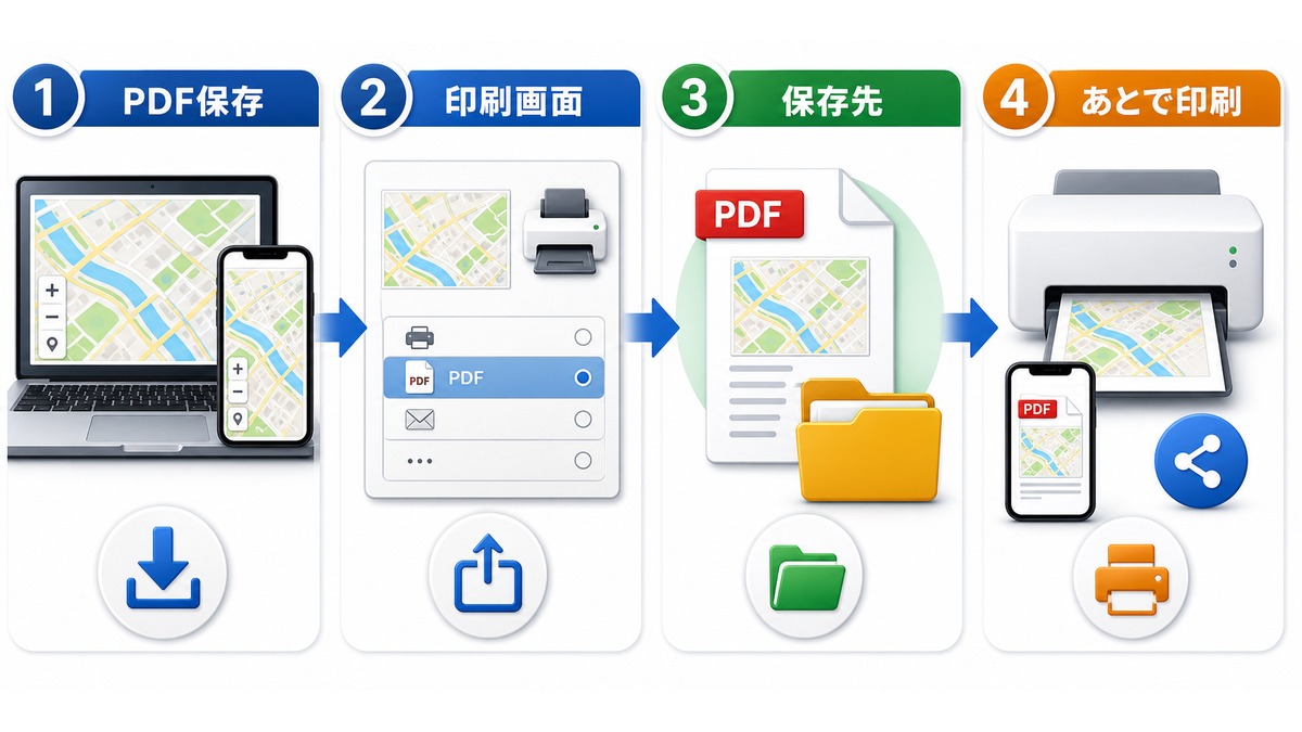 GoogleマップをPDFとして保存する流れの図解