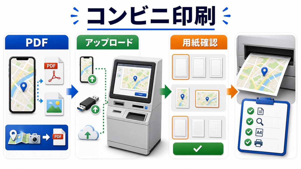 Googleマップをコンビニで印刷する流れの図解
