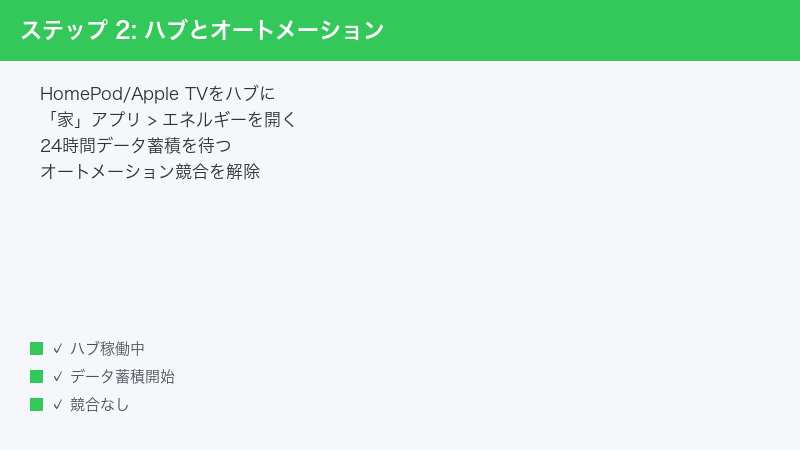 ステップ 2: ハブとオートメーション — HomePod/Apple TVをハブに・「家」アプリ > エネルギーを開く・24時間データ蓄積を待つ” /></p>
<h2>Step 5: デバイスのファームウェアを最新化する</h2>
<p>エネルギー測定はファームウェアの更新で精度や記録間隔が改善されることが多く、初期出荷状態のままだとデータが反映されないケースが報告されています。</p>
<ol>
<li>メーカー公式アプリ（Tapo / Eve / Meross）を起動</li>
<li>該当デバイスを開き <strong>[ ファームウェア ]</strong> または <strong>[ デバイス情報 ]</strong> を選択</li>
<li>更新可能と表示されたら全てインストール、終了まで電源を抜かない</li>
<li>更新後30分待ってから「家」アプリでデータ反映を確認</li>
</ol>
<h2>Step 6: iCloud「家」同期を確認する</h2>
<p>過去のエネルギー履歴はiCloud側に保存されます。同期がオフだと履歴が断続的に消えます。また、iCloudストレージが満杯になっていると新規データの保存ができないケースもあるため、容量も併せてチェックしましょう。iCloudストレージは無料の5GBプランだと写真ですぐ枯渇するため、月額130円の50GBプラン以上を推奨します。</p>
<ol>
<li><strong>[ 設定 ]</strong> → 自分のApple IDをタップ</li>
<li><strong>[ iCloud ]</strong> → <strong>[ すべてを表示 ]</strong> から <strong>[ 家 ]</strong> を選択</li>
<li>スイッチがオンになっているか確認、オフならオンに切り替え</li>
<li>同じApple IDで使う全端末（iPhone・iPad・Mac）で同様に確認</li>
<li>iCloudストレージの残量が0でないか確認、不足ならプランアップグレード</li>
<li>同期が反映されるまで最大24時間かかることがある</li>
</ol>
<h2>Step 7: ファミリー共有の権限を見直す</h2>
<p>家族メンバーで「閲覧のみ」権限になっているとエネルギーデータの一部項目が表示されません。記録は管理者ユーザーのデバイス経由で行われるため、家族の権限設定がデータ表示を左右します。</p>
<ol>
<li>「家」アプリ右上 <strong>[ ・・・ ]</strong> → <strong>[ ホーム設定 ]</strong> → <strong>[ 人 ]</strong></li>
<li>各メンバーをタップし、権限を <strong>[ 編集を許可 ]</strong> に変更</li>
<li>リモートアクセスもオンにしておく</li>
<li>権限変更後、対象端末で「家」を再起動</li>
</ol>
<h2>Step 8: 地域・通貨設定を確認する</h2>
<p>エネルギー機能は地域によって挙動が異なります。日本の場合、電力単価（円/kWh）を手動入力する必要があり、未設定だと費用換算が表示されません。</p>
<ol>
<li>「家」アプリで <strong>[ エネルギー ]</strong> セクションを開く</li>
<li><strong>[ 電気料金 ]</strong> → 契約電力会社の単価を入力（東京電力なら31円/kWhが目安）</li>
<li>通貨が「USD」になっている場合は地域を <strong>[ 設定 ]</strong> → <strong>[ 一般 ]</strong> → <strong>[ 言語と地域 ]</strong> で「日本」に修正</li>
<li>変更後、デバイス再起動でデータが反映されるか確認</li>
</ol>
<p><img decoding=