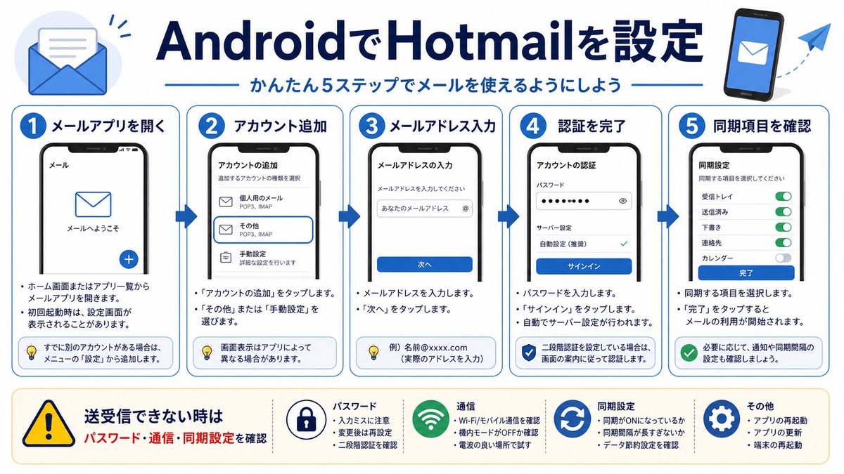 AndroidでHotmailメールを追加して同期する手順を示した図解
