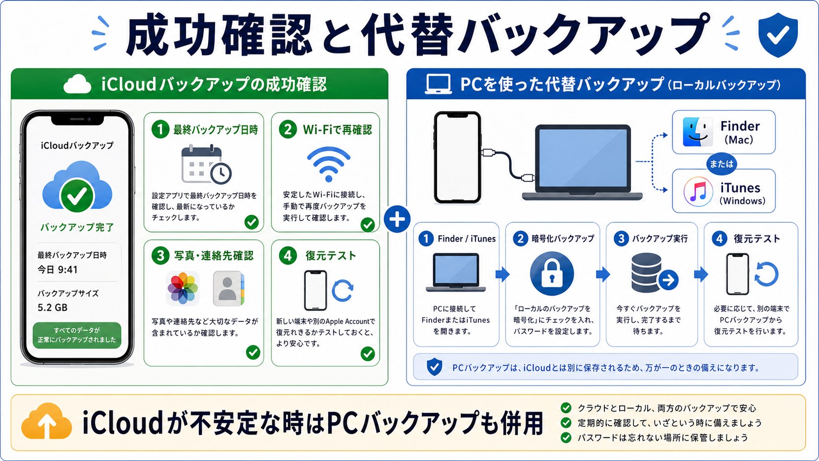iCloudバックアップ成功確認とPC代替バックアップ