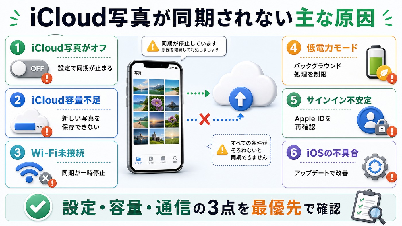 iCloud写真が同期されない主な原因を整理した図解