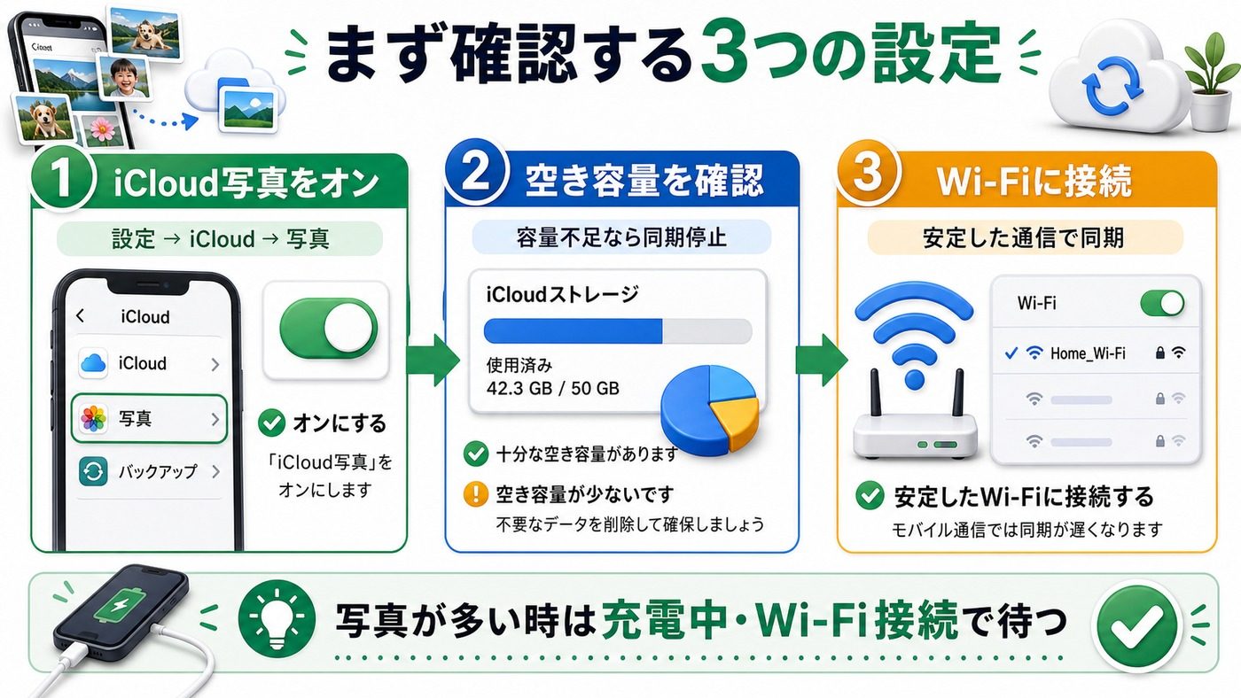 iCloud写真同期で最初に確認する3つの設定をまとめた図解
