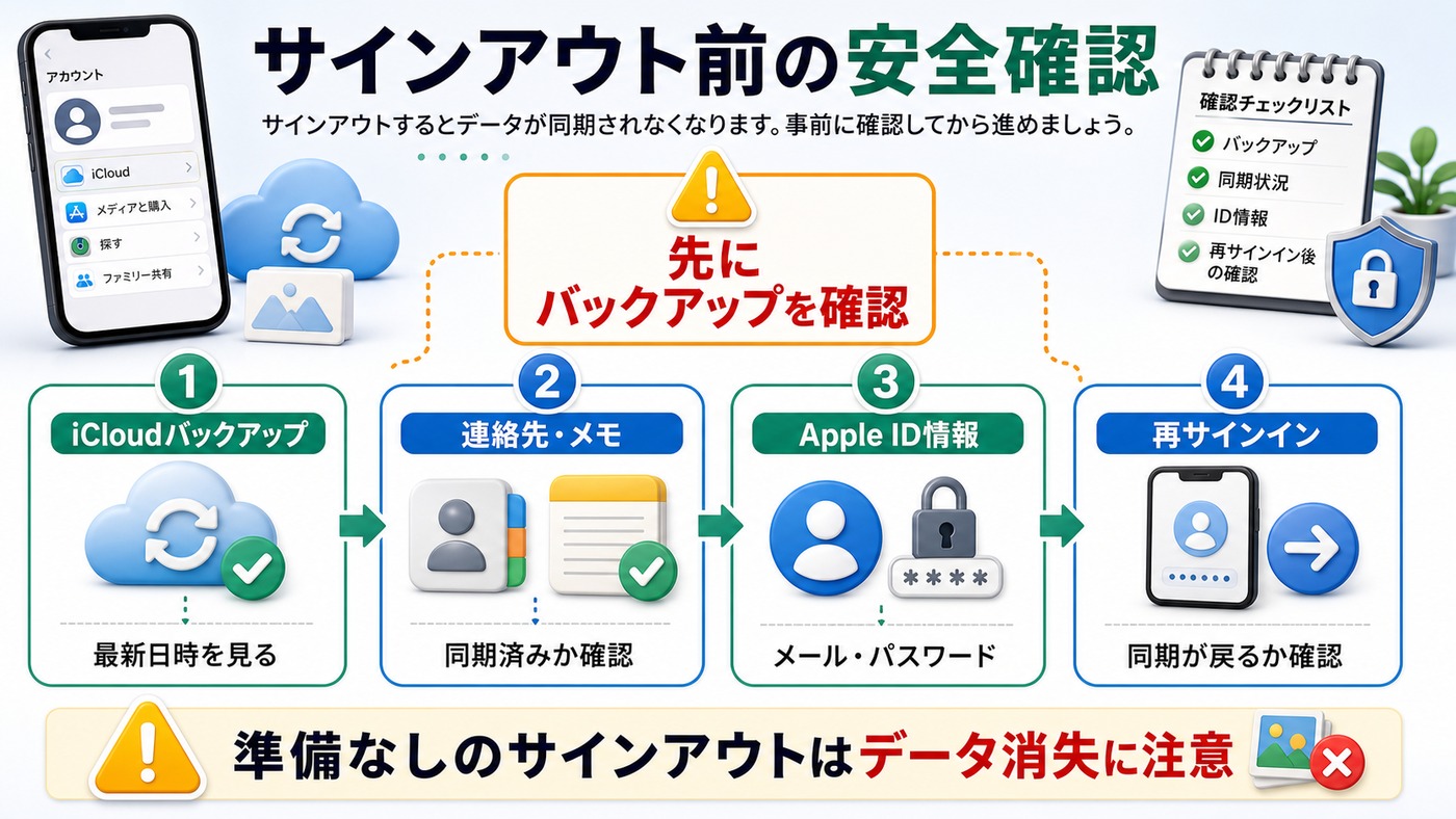 iCloudからサインアウトする前の安全確認をまとめた図解