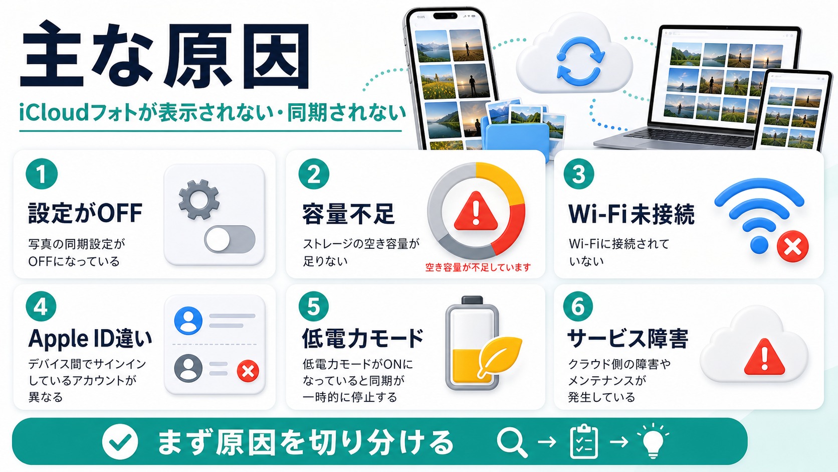 iCloud写真が表示されない主な原因を整理した図解
