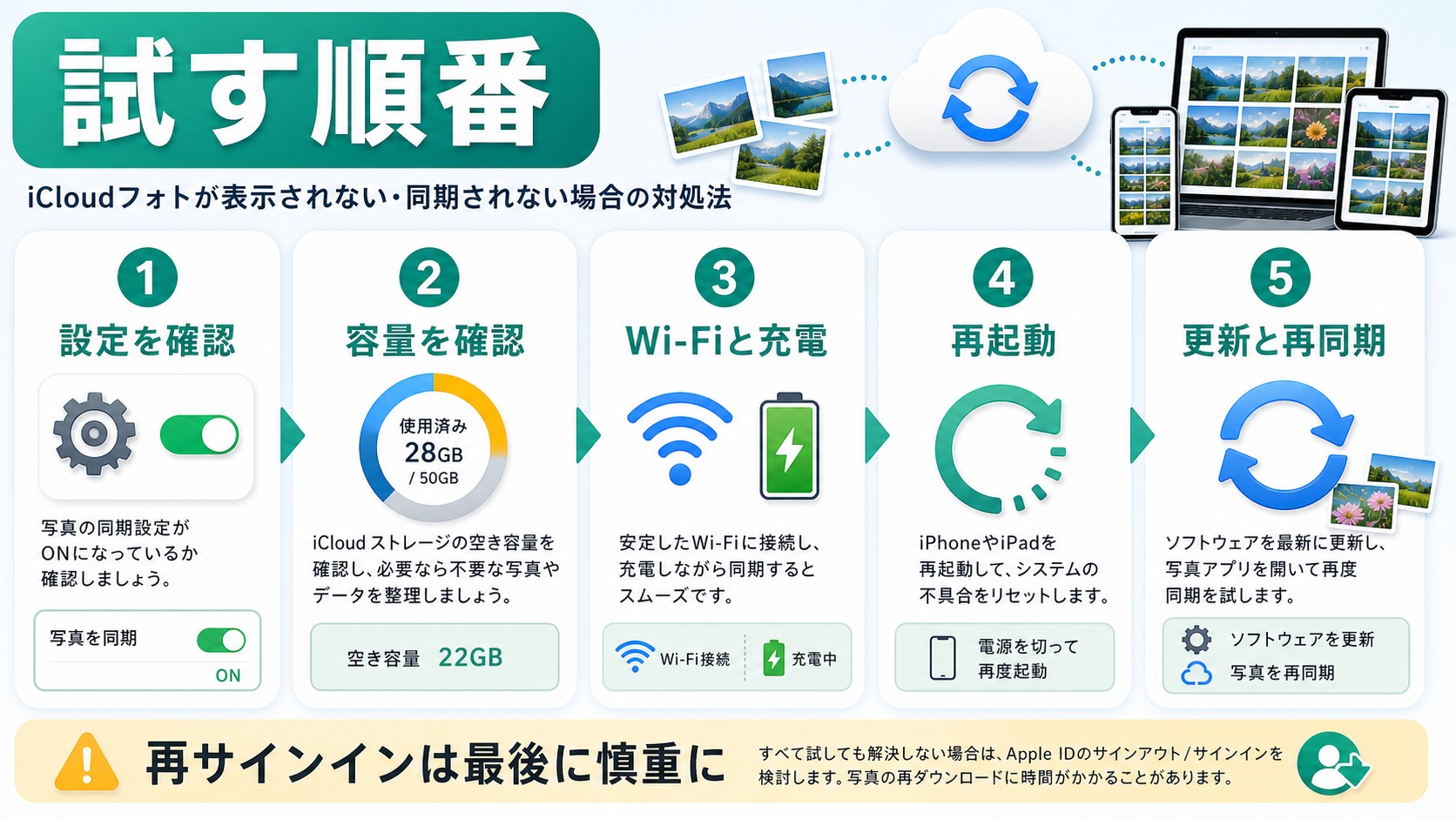 iCloud写真の同期トラブルで試す順番をまとめた図解