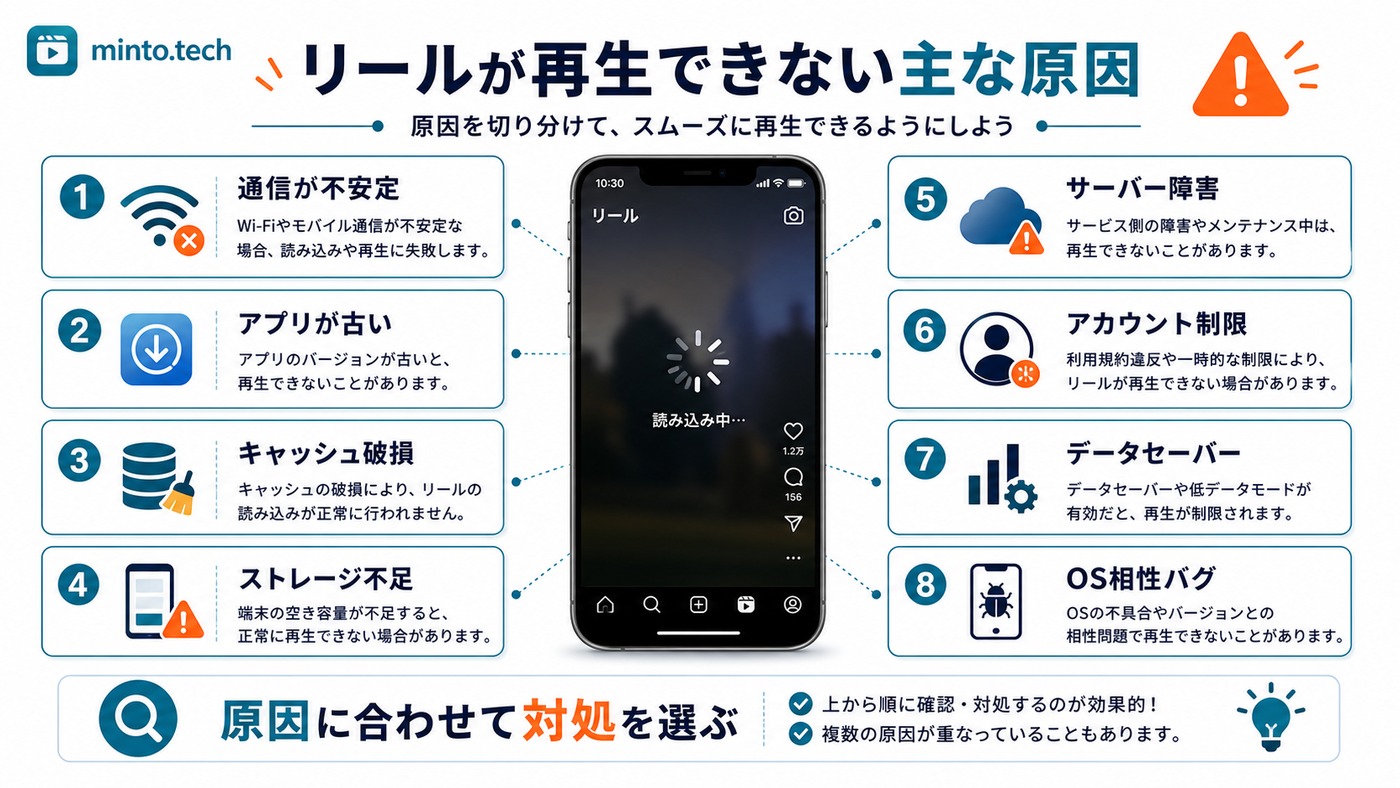 Instagramのリールが再生できない主な原因を通信、アプリ更新、キャッシュ、サーバー障害などに整理した図解