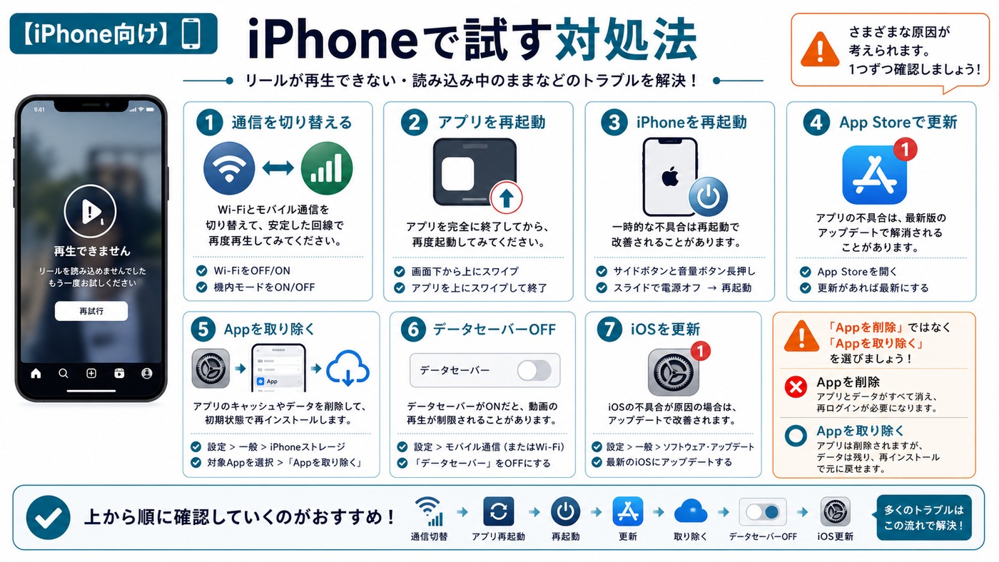 iPhoneでInstagramリールが再生できない時の通信切替、アプリ再起動、Appを取り除くなどの対処手順図解