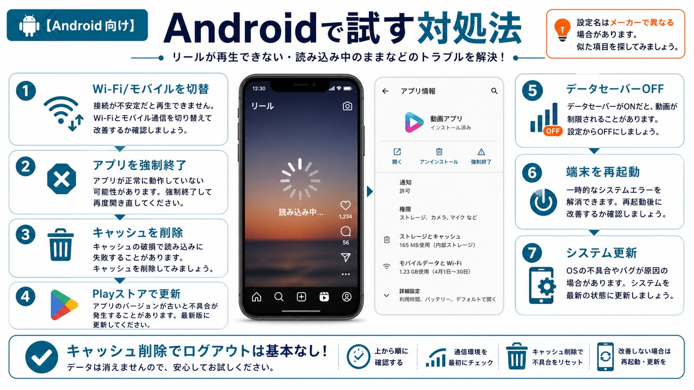 AndroidでInstagramリールが再生できない時のキャッシュ削除、アプリ更新、データセーバーOFFなどの対処手順図解