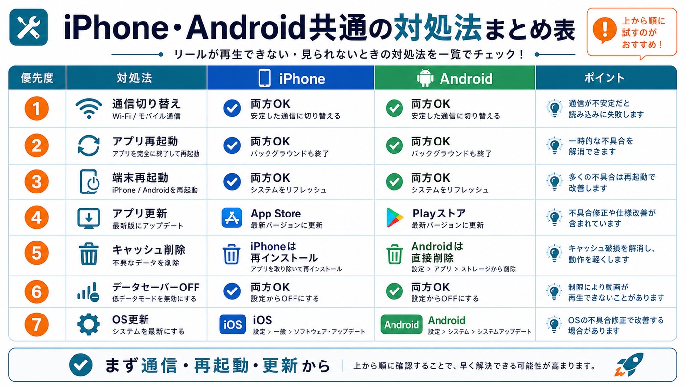 iPhoneとAndroidで共通するInstagramリール再生トラブルの対処法を比較した表