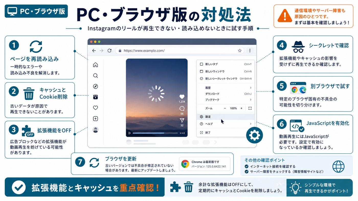 PCブラウザ版でInstagramリールが再生できない時のキャッシュ削除、拡張機能OFF、別ブラウザ確認の図解