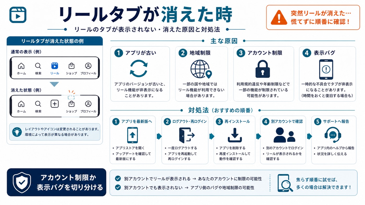 Instagramのリールタブが表示されない・消えた時の原因と対処法を整理した図解