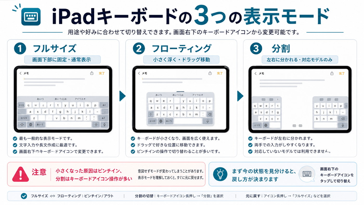 iPadキーボードの3つの表示モードを比較した図解