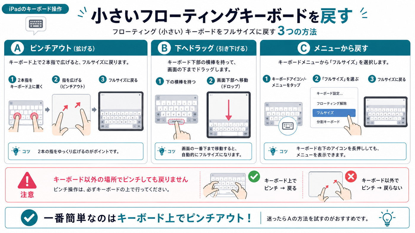 小さいフローティングキーボードを元に戻す方法を示した図解