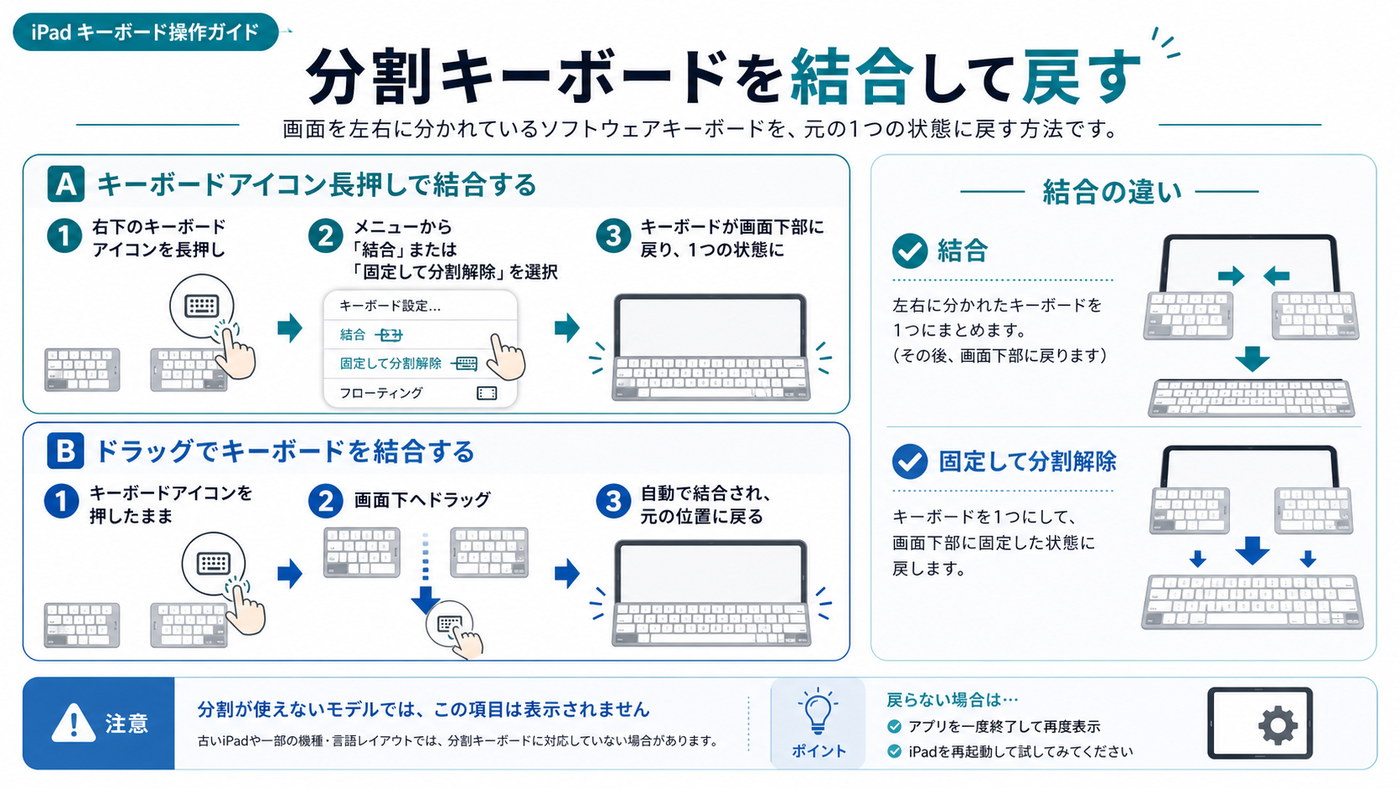 分割キーボードを結合して元に戻す方法を示した図解