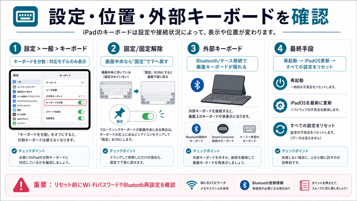 iPadキーボードの設定・位置・外部キーボード確認をまとめた図解