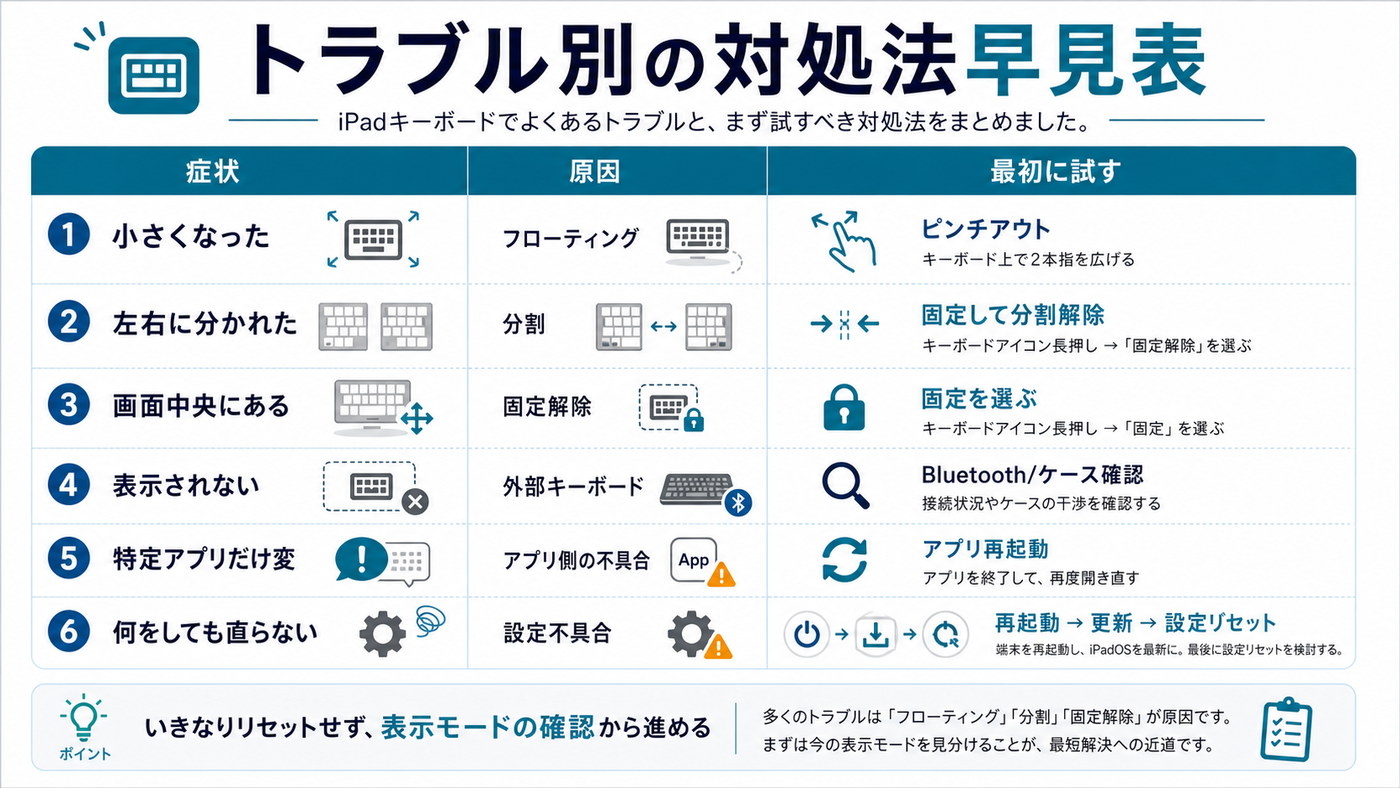 iPadキーボードのトラブル別対処法早見表
