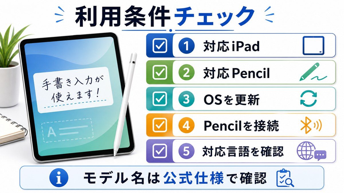 Scribbleを使うためのiPadやPencilやOSや言語条件の図解