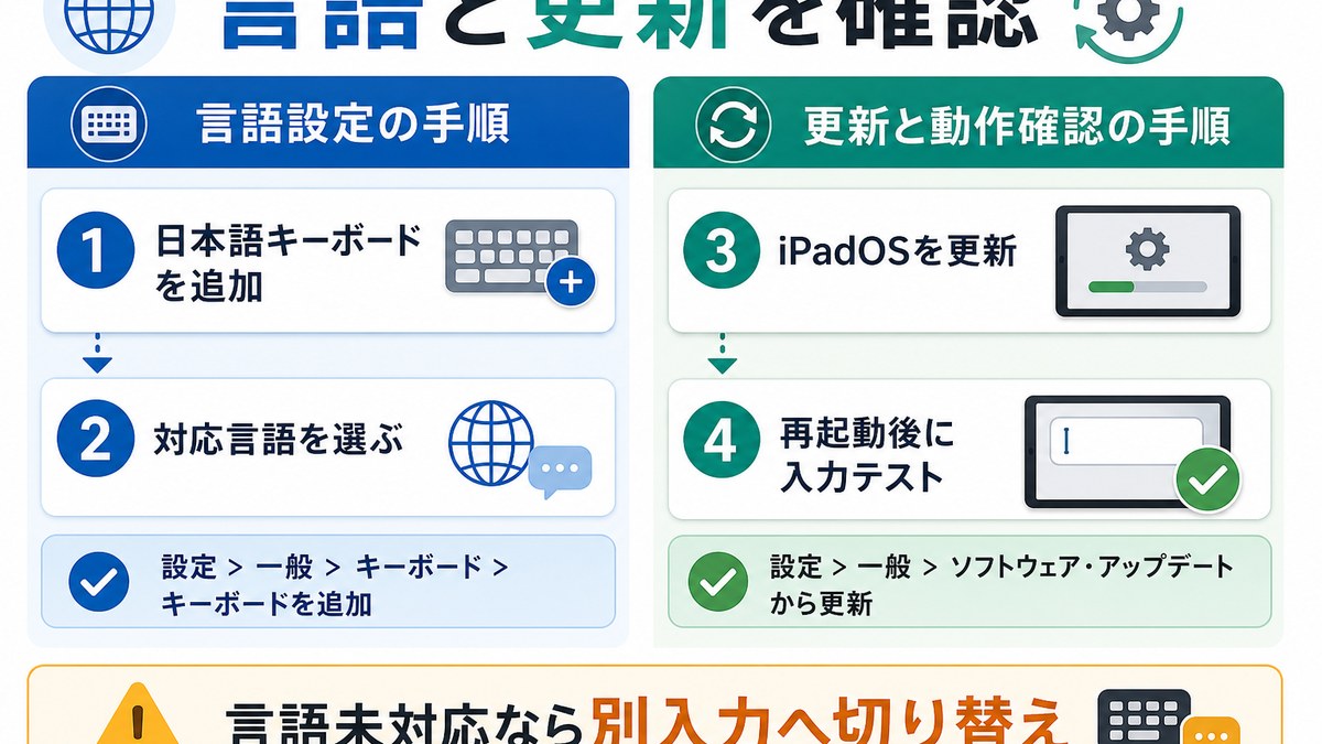 Scribbleの言語設定とiPadOSアップデートを確認する図解