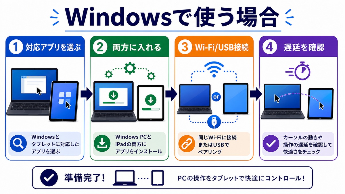 WindowsでiPadをサブディスプレイとして使う流れの図解