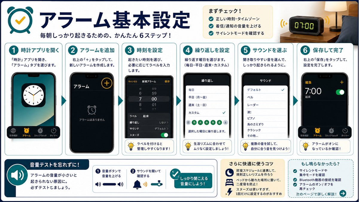 時刻、繰り返し、サウンド、保存、音量テストを行う基本手順の図解