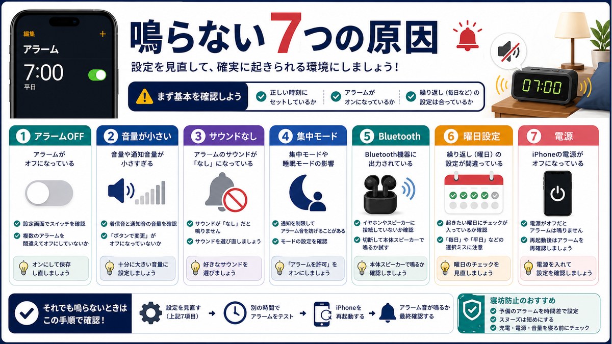 アラームOFF、音量、サウンドなし、集中モード、Bluetooth、曜日、電源を確認する図解