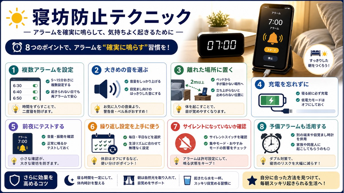複数アラーム、音量、置き場所、充電、前夜テスト、予備アラームの図解