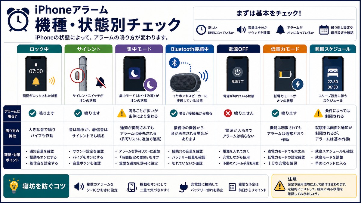 ロック中、サイレント、集中モード、Bluetooth、電源OFF、低電力、睡眠スケジュールを比較した図解