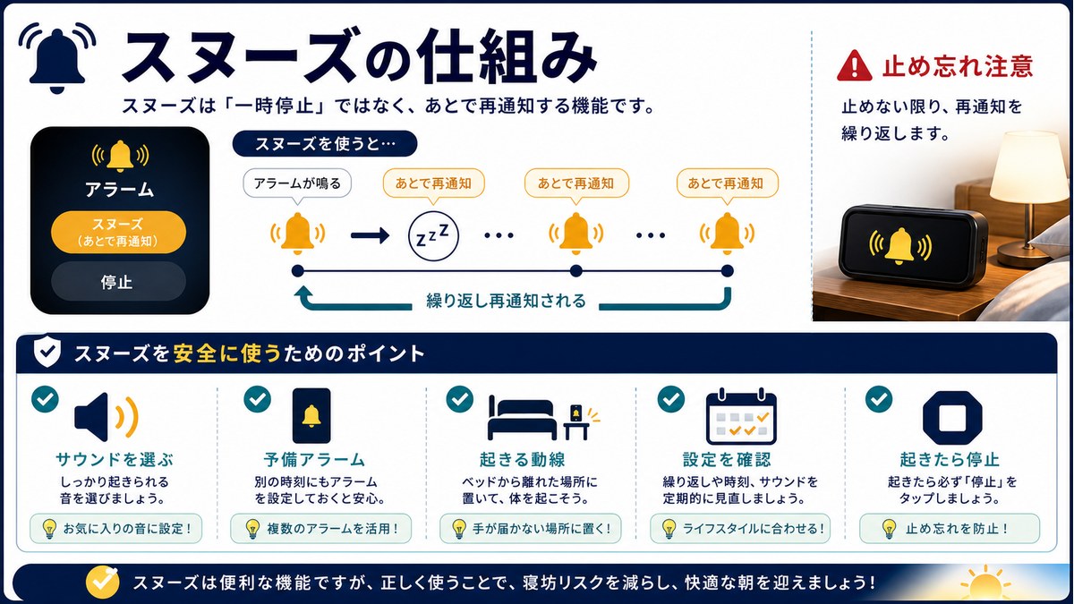 あとで再通知、止め忘れ注意、予備アラーム、起きる動線を整理した図解