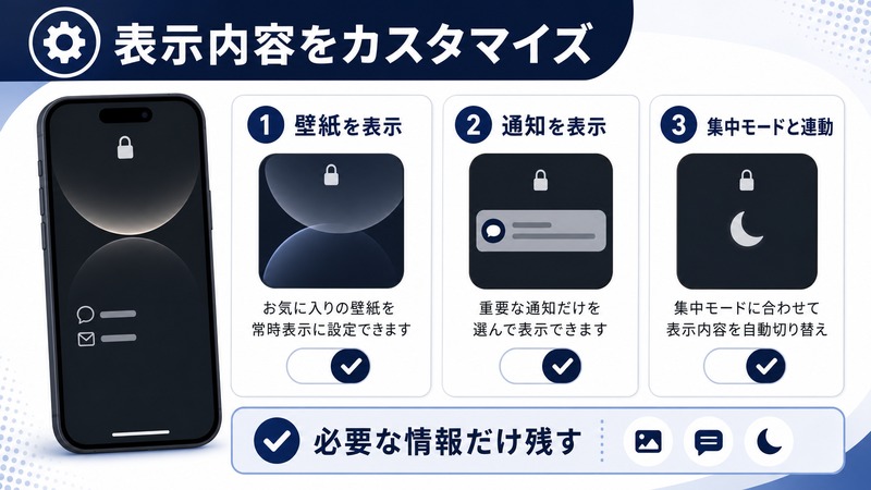 iPhoneの常時表示ディスプレイで壁紙表示、通知表示、集中モード連動を調整し必要な情報だけ残す日本語図解