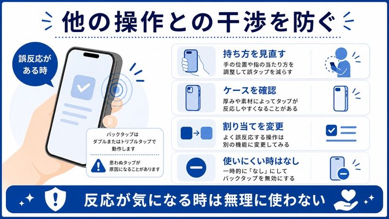 iPhone背面タップで誤反応がある時に持ち方、ケース、割り当て変更、なし設定を確認する日本語図解